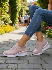 cheap Women-Women's Pink Rhinestone Knit Slip-On Sneakers – Lightweight Breathable Platform Walking Shoes for Travel, Resort, City Strolls and Daily Comfort
