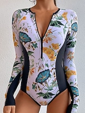 levne Jednodílné plavky-Dámské Plavky Jeden kus Monokini Plavky Zaštíhlující Vysoký pas Štíhlý prázdniny Oblečení na pláž Květinový Kulatý Dlouhý rukáv Plavky