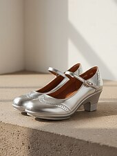 abordables Zapatos Mary Jane-Zapatos Mary Jane plateados metalizados para mujer con tacón medio y correa ajustable: zapatos de oficina cómodos y elegantes para el trabajo y los desplazamientos.
