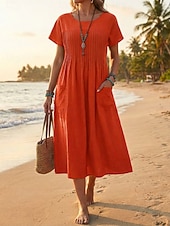 preiswerte Luxuskleider-Damen-Midikleid aus 100 % Baumwolle, Etuikleid, T-Shirt-Kleid, modisch, modern, alltagstauglich, für Outdoor-Aktivitäten und Urlaub, lockere Passform, schlicht, kurze Ärmel, Rundhalsausschnitt, olivgrün, rot, marineblau, Sommer, Frühling