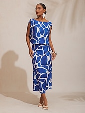 billige Blomstrete kjoler-Geometrisk, fargeblokktrykk, tettsittende sateng-maxikjole for ferier