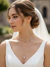 abordables Boda ACC-Collar con colgante de perlas en capas para mujer: elegante cadena de aleación en tono dorado con detalles de perlas de imitación para eventos formales, bodas y fiestas nocturnas.