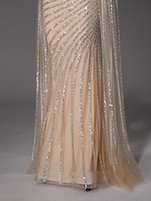  Sirena Tromba Strascico a Terra Perline ricamate Abito Formale Abito da madre della sposa Abito da ballo con mantello Scintillante Stile Celebrità Brillanti Senza Maniche Girocollo Festa serale