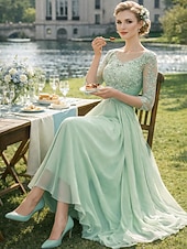 economico Lunghezza del pavimento-Linea ad A Lunghezza al pavimento Abito da invitata a nozze Abito Formale Abito da sera Abito da cerimonia per signora Manica 3/4 Collo gioiello Elegante Ricevimento di matrimonio Chiffon Pizzo con