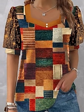 economico Bluse Eleganti-Per donna Blusa Stampato Plaid Blocco di colori Vintage Elegante Casual Manica Corta Scollo a V Top Regolari Quotidiano Ferie Uscire Blu Arancione Estate Primavera