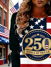  Amerykański Dzień Niepodległości Damskie Podkoszulek Koszulka Nadruk Graficzny Flaga Ameryki Moda Elegancki Klasyczny Długi rękaw Półgolf Zwykłe topy Codzienny Weekend Ubrania wakacyjne biało