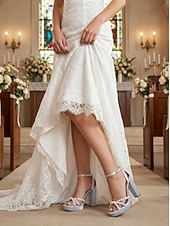 cheap Bride-Women's Ivory Platform Chunky Block Heel Sandals, Pearl-Embellished Ankle Strap Bridal Shoes for Church Weddings