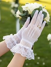 baratos Casamento ACC-Luvas femininas elegantes em poliéster com renda, luvas formais pretas e brancas para casamentos, jantares e óperas, acessórios sofisticados para vestidos de noiva em ocasiões especiais.
