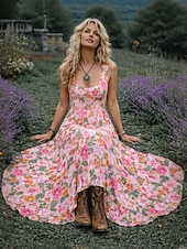 baratos Vestidos Boho-Mulheres Vestido midi Vestido Boho Vestido casual Vestido Swing Vestido de verão Vintage Praia Normal Floral Gráfico Sem Manga Gola Redonda Azul Preto Amarelo Rosa Verão Primavera
