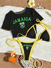 זול סט ביקיני 3 חלקים-בגדי ריקוד נשים בגדי ים ביקיני שלוש חלקים חוטיני בגד ים רזה גב חשוף חופשה בגדי חוף אותיות צווארון עגול ללא שרוולים שרוול קצר בגדי ים