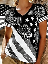  יום העצמאות האמריקאי בגדי ריקוד נשים חולצה קצרה דפוס גראפי דגל אמריקה וינטאג' מסוגנן קלסי שרוולים קצרים צווארון V חולצות רגילות יומי פול שחור כחול נייבי סגול קיץ אביב סתיו