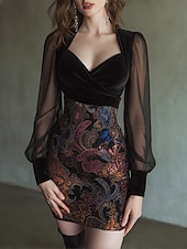 voordelige Westerse Boho Jurk-Dames Mini-jurk Casual jurk Bloemetjesjurk Elegant Modieus Modern Buiten Vakantie Feest Normale pasvorm Paisley Lange mouw V-hals Zwart Lente Herfst