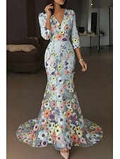  A-linje Gulvlengde Kveldskjoler Formell kjole Elegant Årgang Blomster Halvlange ermer V-hals Bryllup Formell Sateng Blonder med Brodert blomst Broderi Appliqué