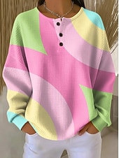 preiswerte Streifen- und geometrische Kapuzenpullover-Damen Kapuzenshirts Knöpfe Grafik Geometrisch Farbblock Mode Lässig Druck Langarm Rundhalsausschnitt Rundhals Normale Oberteile Lässig Straße Blau Rosa Orange Grün Sommer Frühling Herbst