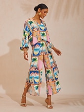 お買い得  女性のパンツ-夏の逃避行 カーブドヘム クロスオーバー サテン ワイドレッグパンツ