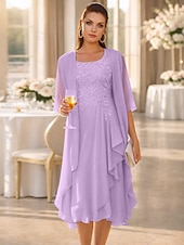  Duas Peças Linha A Até os Joelhos Vestido de convidada de casamento Vestido Para Mãe dos Noivos Sem Manga Scoop pescoço Elegante Convidado do casamento Festa de Casamento Chiffon Renda Vestidos de