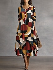 voordelige Strepen- en geometrische jurk-Dames Halflange jurk Hemdjurk Casual Feestdagen Ruim Passend Grafisch Geometrisch Lange mouw Strakke ronde hals Geel Rood Paars Khaki Lente Herfst Winter
