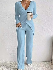 abordables Trajes de blusa para mujer-Mujer Blusa Conjuntos de pantalones parte superior del bolero Manga Larga Escote en Pico Color sólido Elegante Moda Ropa de calle Casual Diario Exterior Negro Caqui Azul claro Primavera Ajuste regular