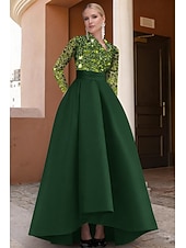 cheap A-Line Evening Dresses-A-Line Asymmetrical Evening Gown Elegant Color Block Glittering Long Sleeve V Neck Wedding Formal Pocket Satin Sequined with Glitter Pocket