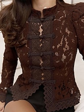 economico Top in Pizzo-Per donna Camicia Camicia di Pizzo Blusa Pizzo Patchwork Bottoni Semplice Elegante Vintage Quotidiano Manica Lunga Manica a Palloncino Collo Alto Top Regolari Quotidiano Lavoro Ferie Nero Bianco