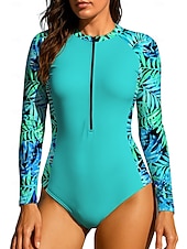 baratos Rash Guards de Uma Peça-Mulheres Segunda-pele para Mergulho Roupa de banho Roupas de Banho Esportivas Floral Tropical Zip Up UPF50+ Secagem Rápida Leve Manga Longa Camisa de Natação Surfe Praia Esportes Aquáticos Verão