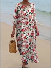 Χαμηλού Κόστους Floral φορέματα-Γυναικείο Μακρύ Φόρεμα Λινάρι Τόσο Αναπνεύσιμη Ελαφριά Σαλοπέτα Άμεσου Στυλ Καλοκαιρινό Φόρεμα Διακοπών Καθημερινό Μποχό Παραλία Διακοπές 3/4 Μανίκι Λαιμός Φαρέτρα