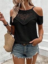 cheap Plain tee-Women's Cold Shoulder Tops Waffle Knit Tops Lace Patchwork Embroidered Solid Color Elegant Stylish Casual Short Sleeve Cold Shoulder Regular Tops Daily Going out Black Apricot Summer Spring