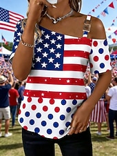  Amerikansk uavhengighetsdag Dame T skjorte T-skjorte Trykt mønster Grafisk Amerikansk flagg Mote Stilfull Klassisk Kortermet Enskuldret Vanlige topper Daglig Ut på byen Helg Rød Sommer Vår