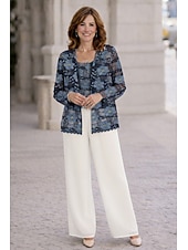 economico Tailleur pantalone della mamma-Tuta Completo Pantalone Tre Pezzi Completo Pantalone Lunghezza al pavimento Abito da cerimonia per signora Manica Lunga Scollo Tondo Elegante Taglie Forti Formale Ospite di nozze Chiffon con Pizzo