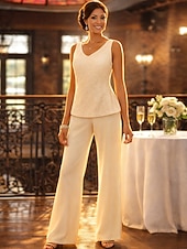 cheap Mom's Pant Suits-Jumpsuit Pantsuit 3 Piece Floor Length Mother of the Bride Dress Long Sleeve V Neck Elegant Formal Wedding Guest Chiffon Lace Jacket Dresses with Appliques