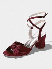 economico Damigella d&amp;#39;onore-sandali da donna con tacco a blocco in raso fucsia, scarpe eleganti con cinturino alla caviglia e fiocco per damigelle d'onore per matrimoni all'aperto in giardino