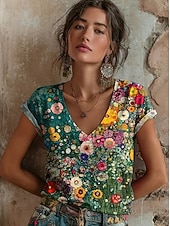 tanie koszulka w kwiaty-Damskie Podkoszulek Nadruk Kwiaty Graficzny Zabytkowe Elegancki Klasyczny Krótki rękaw W serek Zwykłe topy Codzienny jesion Czarny Jasnozielony Czerwony Zielony Lato Wiosna
