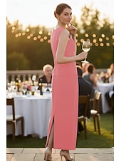cheap Mom's Dress Sets-Sheath Column Dress Sets Ankle Length Party Dress Cocktail Dress Wedding Guest Dress Mother of the Bride Dress Sleeveless Long Sleeve Crew Neck Elegant Simple Formal Wedding Guest Chiffon with Solid