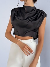 preiswerte Schicke Blusen-Damen Hemd Satinhemd Bluse Wickel-Crop-Top Gerafft Einfach Vintage Stilvoll Klassisch Kurzarm Hoher Ausschnitt Crop Tops Täglich Ferien Ausgehen Schwarz Weiß Marineblau Braun Grün Frühling Herbst
