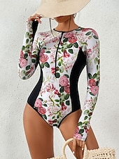 levne Jednodílné plavky-Dámské Plavky Jeden kus Monokini Plavky Zaštíhlující Vysoký pas Štíhlý prázdniny Oblečení na pláž Květinový Kulatý Dlouhý rukáv Plavky