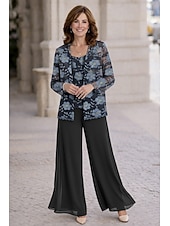 economico Tailleur pantalone della mamma-Tuta Completo Pantalone Tre Pezzi Completo Pantalone Lunghezza al pavimento Abito da cerimonia per signora Manica Lunga Scollo Tondo Elegante Taglie Forti Formale Ospite di nozze Chiffon con Pizzo