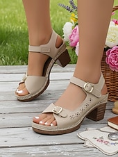 cheap Women-Women's Red Block Heel Open-Toe Sandals – Vintage-Inspired Buckle Strap Comfort Heels for Resort Dinners, Vacation Parties, Summer Events, City Walks &amp; Holiday Outfits