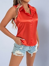 billige Enkle bluser-Dame Skjorte Sateng skjorte Bluse Ermeløs skjorte Knapper عادي Stilfull Klassisk Moderne Ermeløs Skjortekrage Vanlige topper Daglig Ferie Ut på byen Svart Hvit Lilla Grønn Sommer Vår