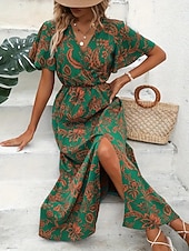 economico Abiti casual floreali-Per donna Abito Lungo Maxi Abito Abito Floreale Abito Boho Elegante Moda Moderno Quotidiano All'aperto Vacanza Vestibilità regolare Floreale Manica Corta Scollo a V Viola Verde Estate Primavera