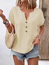 abordables Camiseta lisa-Mujer Camiseta Camiseta superior Botones del pecho Plano Moda Elegante Clásico Manga Corta Escote en Pico Tops regulares Diario Noche Fin de semana Negro Blanco Rojo Azul Marino Naranja Verano