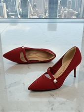 abordables Pompes Classiques-Women's Burgundy Pointed Toe Knit Pumps with Pearl Strap Accent – Comfortable High Stiletto Heels for Daily Commuting, Office Wear &amp; Elegant Professional Ladies