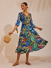 preiswerte Druck Blumen Kleider-Dschungel-Wildparty-Baumwoll-Pfauen-Maxikleid