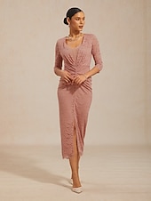 preiswerte abendkleider-Damen-Midikleid, Etuikleid, figurbetontes Kleid, Lochstickerei, Illusionsspitze, gerafft, elegant, für jeden Tag, Hochzeit, als Gast, Date, normale Passform, Blumenmuster, 3/4-Ärmel, V-Ausschnitt,