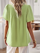 cheap Plain Blouses-Women's Summer Shirt Casual Shirt Blouse Lace Trim Solid Color Vacation Stylish Casual Short Sleeve Crew Neck Regular Tops Daily Beach Holiday Blue Black White Pink Red Summer Spring