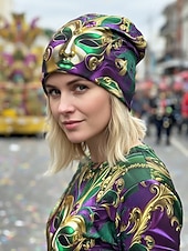 tanie Akcesoria-Damska czapka beanie z poliestru z nadrukiem, może służyć jako komin, wielowzorzysta, w stylu karnawałowym Mardi Gras, z miękkiej, elastycznej tkaniny, 2 w 1 jako nakrycie głowy i szalik na festiwale, imprezy i na co dzień