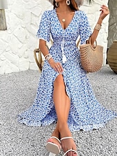 abordables Vestidos casuales con flores-Women's Long Dress Maxi Dress A Line Dress Floral Dress Elegant Fashion Modern Daily Outdoor Vacation Regular Fit Floral Short Sleeve V Neck Blue Black Brown Summer Spring