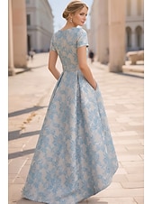 cheap Cocktail Dresses-A-Line Asymmetrical Ankle Length Cocktail Dresses Elegant Vintage Floral Short Sleeve Crew Neck Garden Party Wedding Pocket Jacquard with Bow(s) Pocket