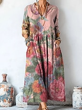 economico Abito Floreale-Per donna Abito Midi Abito a Tubino Casual Data Vestibilità comoda Floreale Grafico Manica Lunga Scollo a V Giallo Rosa Viola Estate Primavera