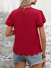 billiga Enkel t-shirt-Dam T-shirt Utklippt Knappar Ensfärgat Vintage Stylish Ledigt Kortärmad Volangärm Rund hals Vanliga toppar Dagligen Utekväll Rubinrött Sommar Vår