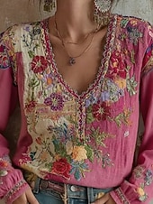 ieftine Topuri Boho-Pentru femei Cămașă Cămașă Boho Bluză Brodat Floral Grafic Boemia Epocă Stilat Manșon Lung În V Topuri obișnuite Zilnic Concediu Ieșire Roz trandafiriu Vară Primăvară